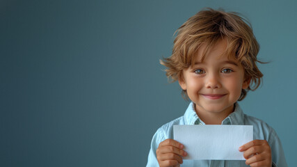 Young curly-haired boy with a beaming smile presents a white paper with space for a message on teal background