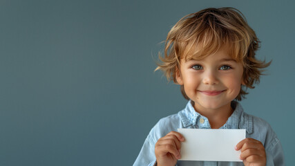 A cheerful young boy with curly hair smiles while holding a white blank card, blue background