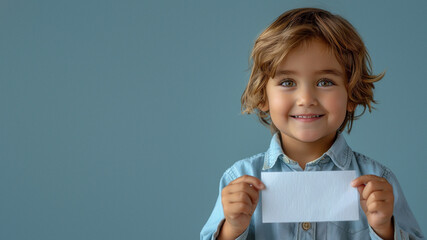 Handsome young boy with wavy hair holding blank paper before a rustic, textured blue wall for advertising space