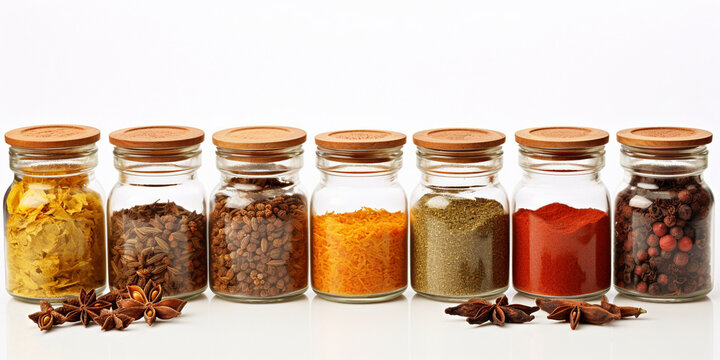 variety of spices in jars isolated on white background