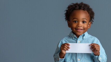 Joyful girl with afro hair holding up a white card with a delighted expression, modern and clean blue backdrop