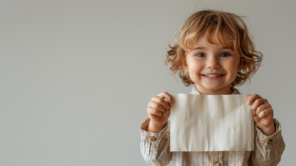 A portrait of a curly-haired child presenting a crumpled piece of paper, expressing happiness
