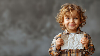 A cheerful child with curly blonde hair shows a wrinkled piece of paper before a textured backdrop