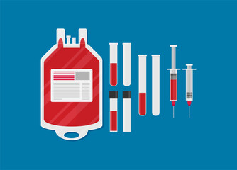 Blood donation bag with tube shaped as a heart. Flat style vector illustration