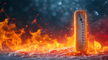 Heatwave With Warm Thermometer And Fire - Global Warming And Extreme Climate - Environment Disaster - obrazy, fototapety, plakaty