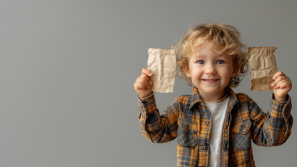 A curly-haired child in a plaid shirt smiling while holding two pieces of torn paper in a studio setting