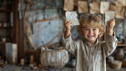 A cheerful boy holding pieces of paper in a rustic workshop with pottery and tools in the background