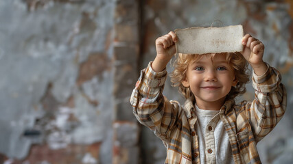 A joyful child in casual attire, holding up a torn piece of paper against a grunge wall background