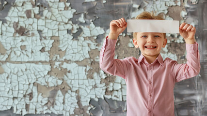 A young boy in a pink shirt holding a strip of white paper against a peeling paint wall