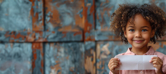 A cute curly-haired girl with a broad smile holding a white strip of paper against a grunge backdrop