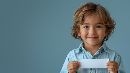 Smiling boy in light blue shirt presenting a white slip of paper in a studio environment