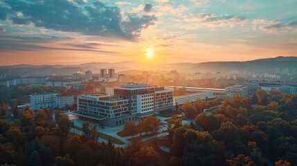 Sunrise over Modern Eco-Friendly Urban Housing Surrounded by Autumn-Colored Trees - obrazy, fototapety, plakaty