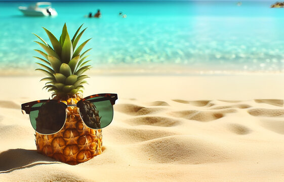 pineapple wearing sunglasses In the sand beach