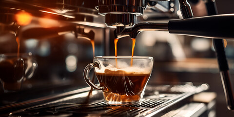 Coffee Pouring Transparent, espresso coffee maker,  A barista prepares a cappuccino, with steam from the espresso machine enveloping him. Generative AI 