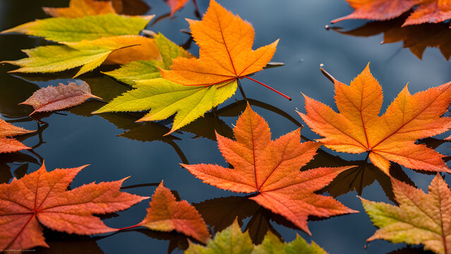 The golden maple leaves of autumn fall on the lake, creating a magnificent autumn scenery background

