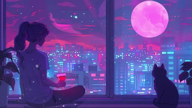 An animated scene featuring a girl with wine and a cat against a nighttime cityscape backdrop. Lo-fi style. 