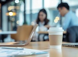 Close up of an office desk with papers, a laptop and a coffee cup on it. In the background, business people are having a blurred conversation in an out-of-focus style. Bokeh.