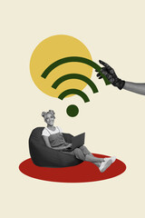 Collage graphics picture of funky dreamy lady chatting instagram twitter telegram facebook isolated...