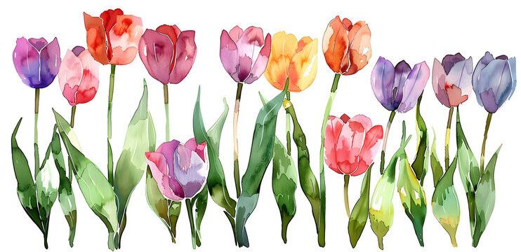 Colorful watercolor illustration of tulips, representing the festive and joyful atmosphere of spring and Easter celebrations.