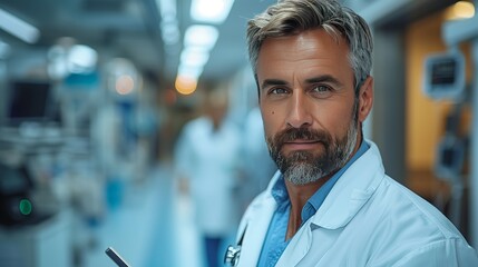 Focused Mature Male Doctor with Beard in Lab Coat Holding a Pen in a Busy Hospital Ward