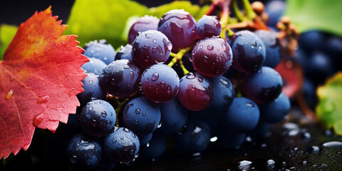 Fresh bunch of grapes with water droplets adorned on the surface Blue wine grapes background  - obrazy, fototapety, plakaty