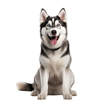 Full body image of a happy Siberian Husky dog sitting, Isolated on Transparent Background, PNG