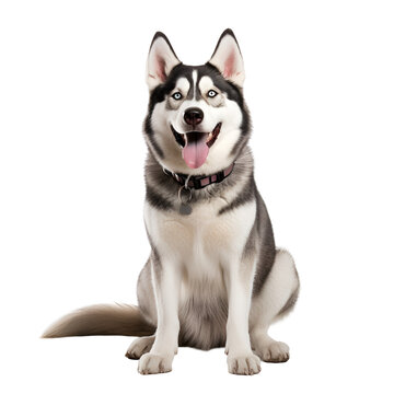Siberian Husky dog sitting happily: A full body image, Isolated on Transparent Background, PNG