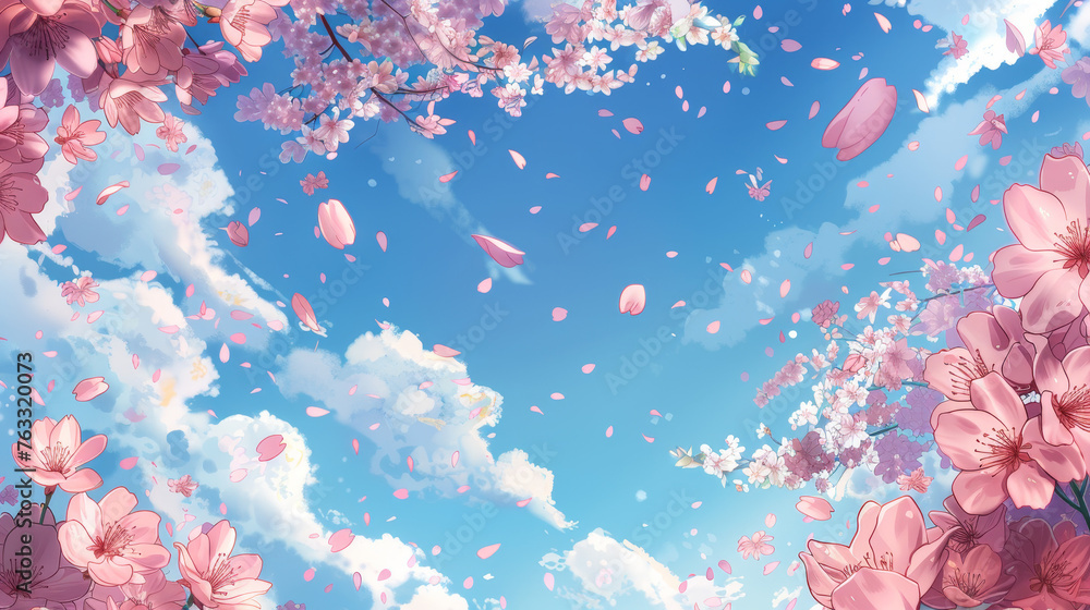 Wall mural Cherry blossom petals with a blue sky background - Wall murals