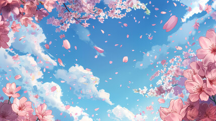 Fototapeta na wymiar Cherry blossom petals with a blue sky background