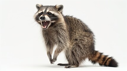 Obraz premium A whimsical happy raccoon laughing, full body on a white background. Close up of a raccoon facing a white background. Generated by artificial intelligence.