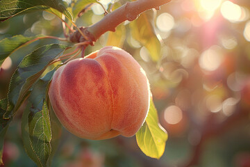 A peach hanging on a peach tree