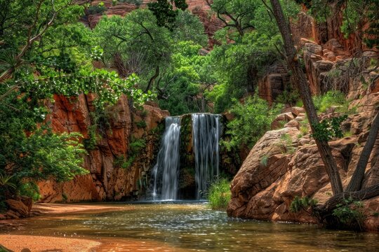 A photo of a red rock cliff wall with green trees and waterfalls in a pool in the middle of the picture Generative AI