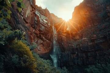 Low angle photo of Zion National Park, red rock cliff with waterfalls, lush green foliage, cinematic sunset Generative AI
