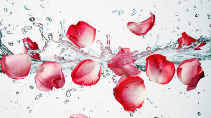 fragrant red rose petals fly in splashes of water on a white background