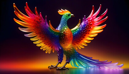 A crystal phoenix with rainbow-colored wings spread wide open