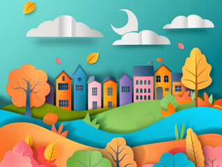 Cityscape illustration landscape paper cut out art style. Urban city cityscape with buildings and natures. 