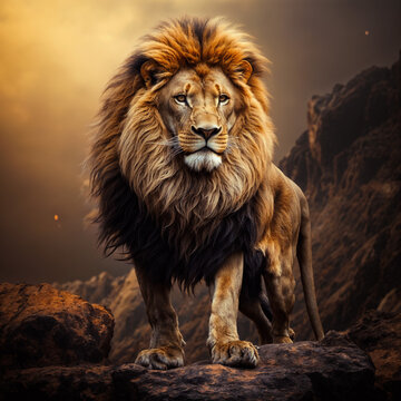 A lion stands on a rocky outcropping, with a dramatic mountainous background. The sky is filled with smoke and fire.