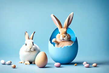 Naklejka na ściany i meble Cute Easter bunny inside blue Easter egg on pastel blue background
