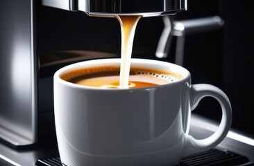 Coffee machine, brewing coffee. Espresso, cappuccino, latte. Professional coffee brewing, coffee is poured into a white cup. Coffeemaker