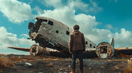 Man gazes at a wrecked airplane symbolizing fear of flying and technologys impact on our dreams. Concept Fear of Flying, Technology Impact, Airplane Wreck, Dreams, Despair - obrazy, fototapety, plakaty