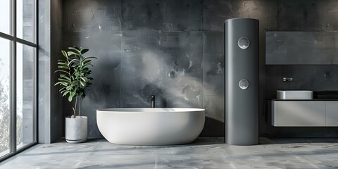 A modern gray water heater in a sleek bathroom setting. Concept Bathroom Design, Modern Appliances, Home Renovation, Interior Decor, Gray Color Palette