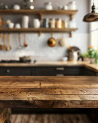 A wide table in a kitchen - mockup stage design for products