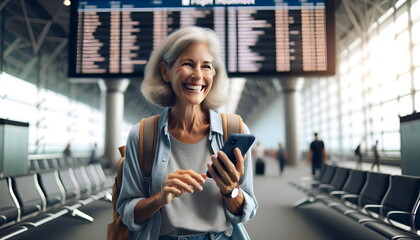 old woman use mobile phone on an airport terminal display background - obrazy, fototapety, plakaty