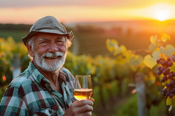 old farmer man hold a glass of wine on a grapey