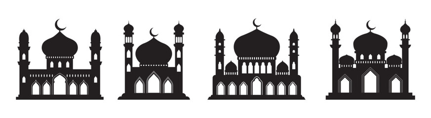 Vector islamic mosque black silhouettes set. Ramadan muslim icon collection isolated on white. Arabian mosque buildings shapes with minarets. Eid Al-Fitr illustration.