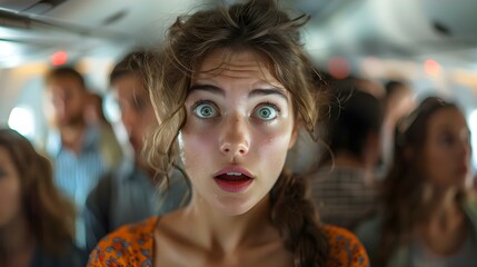 Passengers in an airplane aisle looking shocked at a young woman. Concept Travel, Shock, Airplane, Surprised Expressions, Young Woman - obrazy, fototapety, plakaty