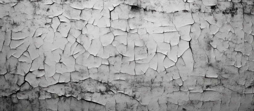 Fototapeta A monochrome photography of a cracked grey wall with a pattern resembling bedrock, freezing in time. The landscape features a tree and rock in the background