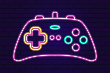 Vector neon glow game controller gamepad icon. Colored outline joystick element flat style on night dark background. Gamer device collection © VctAn