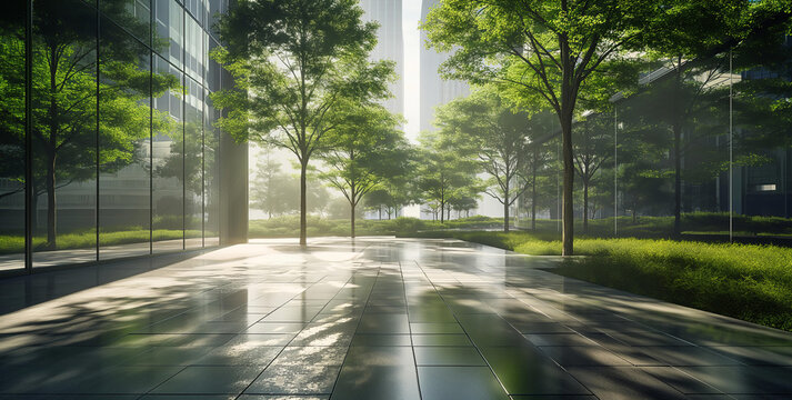 This image captures a modern city park in the morning light with reflections on wet pathways amidst skyscrapers