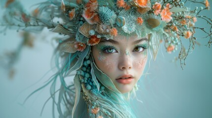 Close-up fashion portrait of a beautiful asian girl in a wreath of flowers in turqoise background. - obrazy, fototapety, plakaty